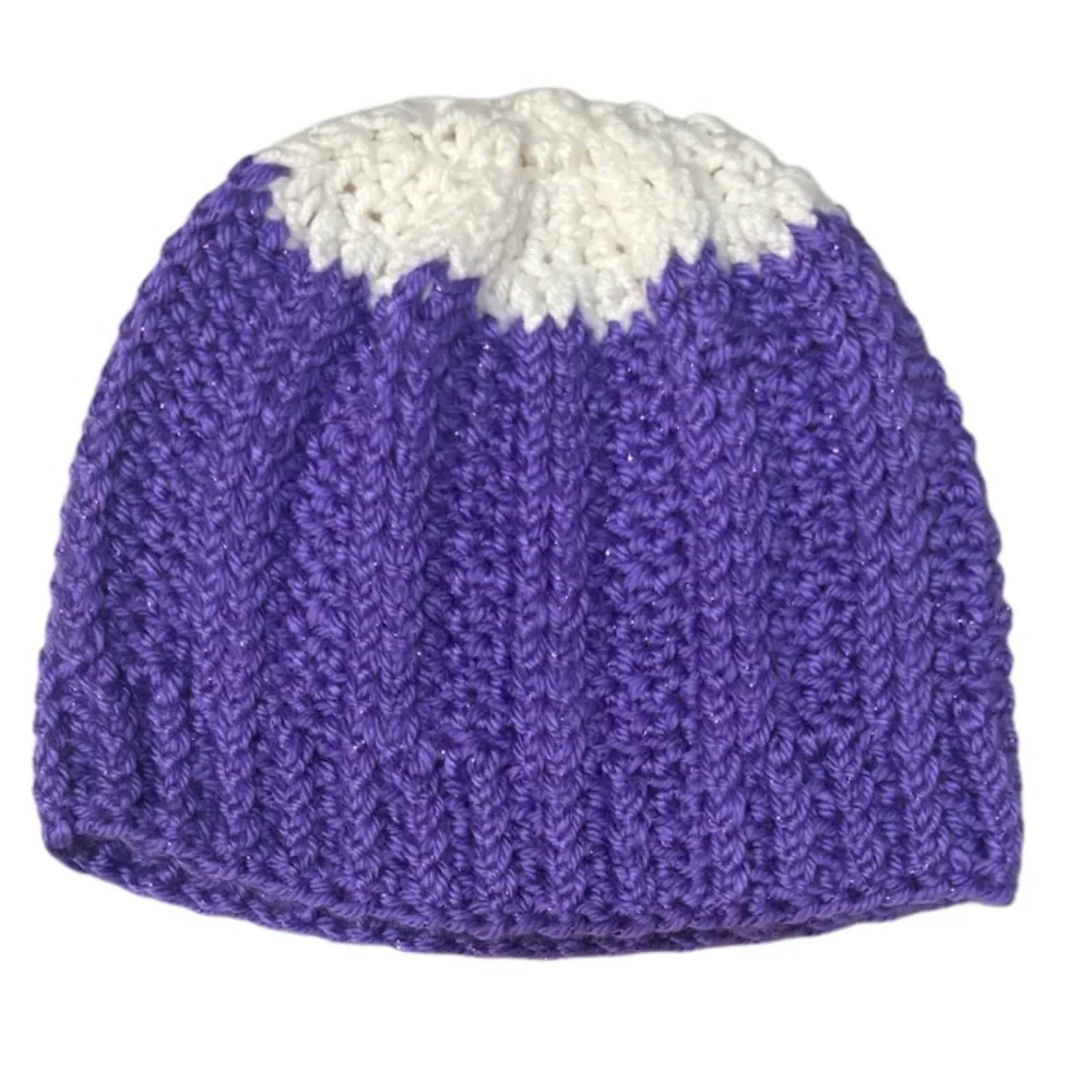 Girl’s Handmade Crochet Beanies Textured Sweater Knit Butterfly Metallic Purple